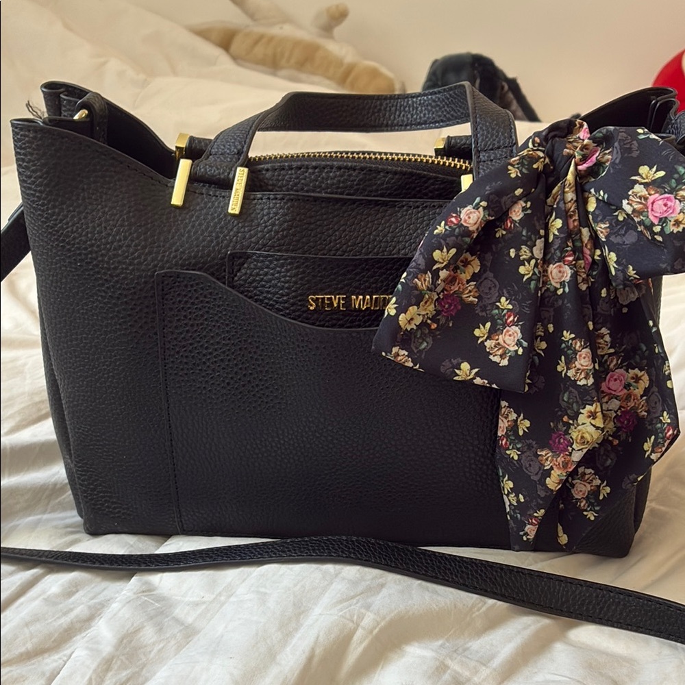 Steve Madden Black Crossbody Satchel with Gold Accents and scarf in PERFECT COND